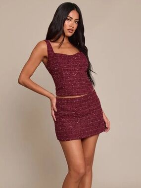 PrettyLittleThing Dark Wine Sequin Boucle Set